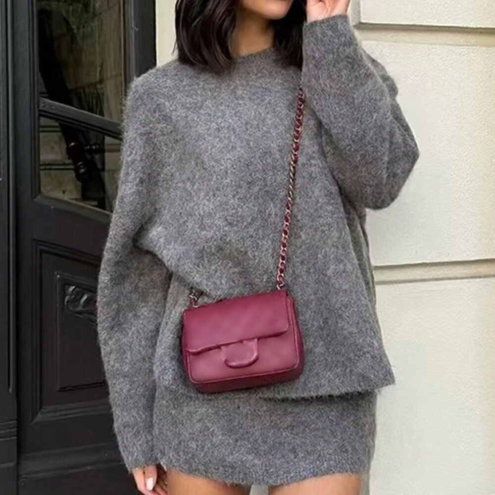 Grey Casual Women's Knit Sweater & Mini Skirt Set